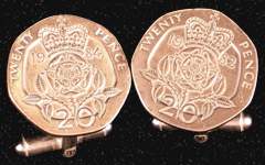 Cufflinks made from a pair of genuine 20p pieces